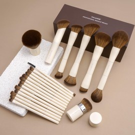 20 Pcs Makeup Brushes with Gift Box, Double-End Multi-functional Aluminum Ferrules Makeup Brushes for Blending Liquid Powder Concealer Cream Blush Buffe,Beige