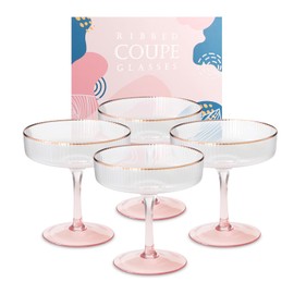 Blush Pink Coupe Glasses Set of 4, Exquisite Ribbed Pink Martini Glasses with Rose Gold Rims, Pink Champagne Glasses in Gifting Box, 8 Oz Pink Cocktail Glasses, Vintage Wine Glasses Gift Set for Her