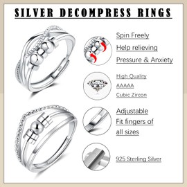 Glintara 925 Sterling Silver Anxiety Ring, 2PCS Silver Fidget Ring for Anxiety Women, Stress Spinner Rings with Beads, Adjustable Open Anti-Stress Rings, Hypoallergenic Stress Relief Ring for Unisex