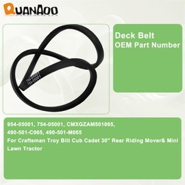 Quanaoo 954-05001 Deck Belt 1/2" x 43.5" for Craftsman Troy Bilt Cub Cadet fits Craftsman R1000 R110 Troy Bilt TB30R TB30 Replace 754-05001