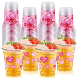 FoldTier 50 Pcs Valentine's Day Heart Plastic Cups Bulk 12 oz Valentines Conversation Clear Disposable Cup Love Heart for Juice Coffee Drink Wedding Birthday Party Supplies(Pink)