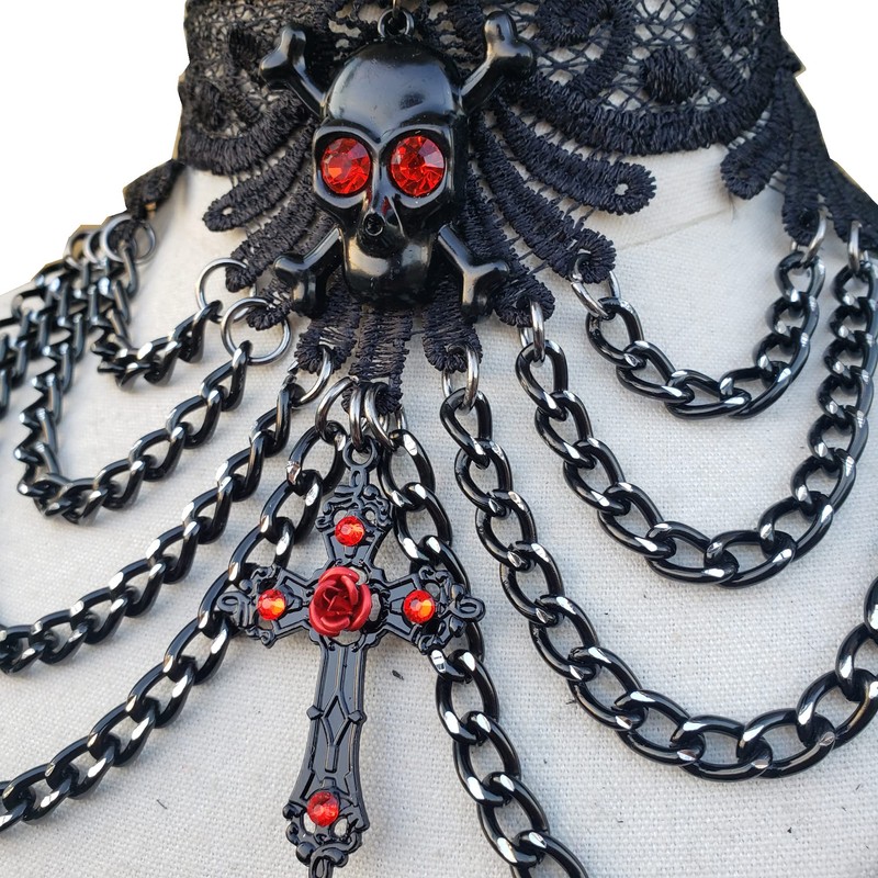 Women's Black Lace Choker Necklace – Adjustable Gothic Skull Cross