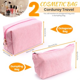 Huakaile 2 Pieces Corduroy Makeup Bag Set, Small Cosmetic Pouch Case with Zipper, Cute Travel Toiletry Bag Organizer for Girls Women Gifts Purse Storage (Pink)
