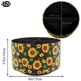 Hennaja Round Leather Art Supply Organizer,Remote Control Holder,360 Degree Rotating,Multi-Functional Pencil Holder,4 Compartments Desktop Stationary Organizer(1-Sunflower)