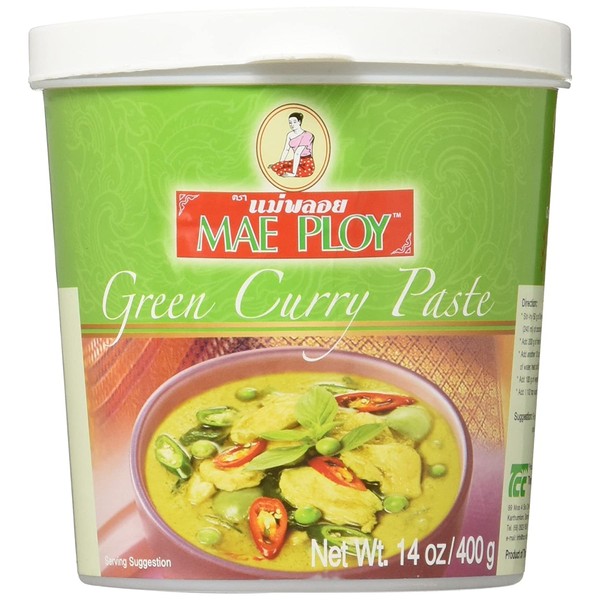 Mae Ploy Green Curry Paste, Authentic Thai Green Curry Paste for Thai Curries & Other Dishes, Aromatic Blend of Herbs, Spices & Shrimp Paste, (14oz Tub)