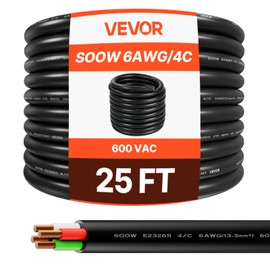 VEVOR 25 FT 6AWG Portable Power Cable (4 Conductor), Heavy Duty 600V SOOW Electrical Power Cable, Industrial Grade Electric Wire, Premium CPE Rubber Jacket, Copper Extension Cord for Welder Machine