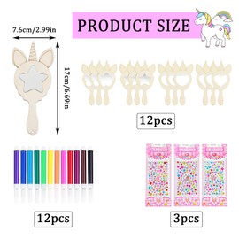 Unicorns Crafts, 27 Pieces Wooden Mirrors for Painting, Children, Craft Set Children's Birthday with 12 Wooden Mirrors for Painting, Children, 12 Colouring Pencils, 3 Rhinestone Stickers, Unicorn