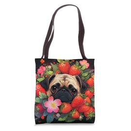 Cottagecore Cute Pug Strawberry Garden Tote Bag