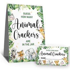 Guessing Animal Crackers Baby Shower Party Game Kit (1 Standing Sign-50 Guessing Cards) Jungle Safari Baby Shower Game Safari Jungle Zoo Guessing Game Cards Forest Animals Guessing Party Game Cards-3