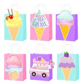 C L cooper life 12Pcs Ice Cream Gift Treat Bags with Handles Ice Cream Theme Paper Tote Bags for Summer Sweet Themed Birthday Party Decorations Sweet Baby Shower Party Supplies