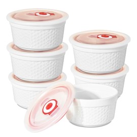 8OZ Ramekins Oven Safe with Lids, Creme Brulee Bowls with Covers, White Custard Cups for Baking, Dipping Sauce Cups, Classic Style Ramekins Bowls, Set of 6