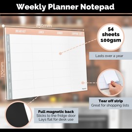 Magnetic Innovations Weekly Meal/Menu Planner Notepad, Track your Diet, Tear Off Shopping List, Magnetic Backing for Fridge Mounting, 54 Sheets, 100gsm Paper, 17x25cm