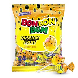 Bon Bon Bum – Fruity Lollipop with Bubble Gum center – Perfect for Parties and Sharing (24 Pieces, Maracuya (Passion Fruit))