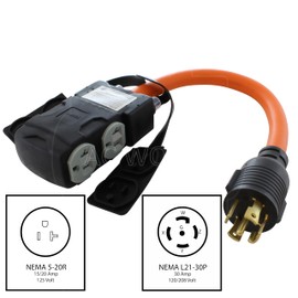 AC WORKS [L2130CBF520] 1.5FT L21-30P 30A 5-Prong Locking Plug to (4) Household Outlets with 20A Breakers