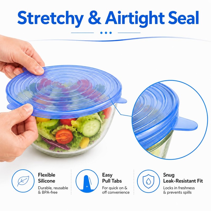 6pcs Reusable Silicone Stretch Lids, Six-piece Set Of Silicone Fresh-keeping