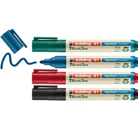 edding 31 EcoLine flipchart marker set - multi-coloured - 4 pens - round nib 1.5-3 mm - marker for writing, drawing and marking on flipchart paper - does not bleed through - refillable