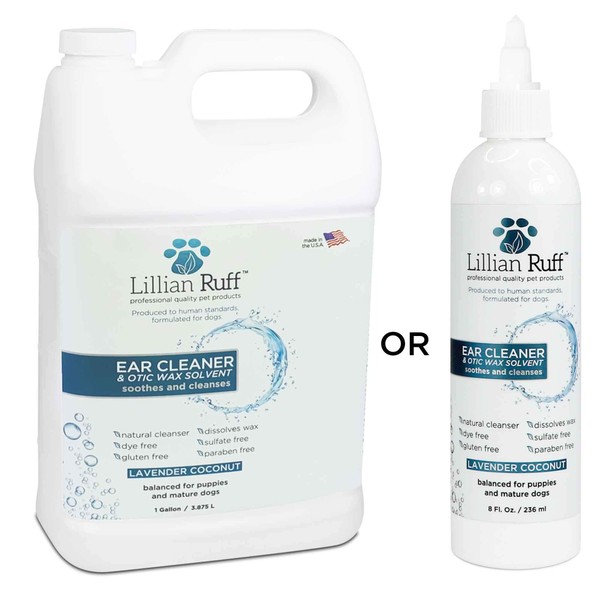 Lillian Ruff Ear Cleaner & Otic Wax Solvent for Dogs with Tea Tree Oil, Bee Propolis & Aloe - Coconut and Lavender Scent - Dissolve Wax and Combat Ear Odors - Safe for Sensitive Ears (Gallon)