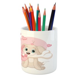 Lunarable Dog Lover Pencil Pen Holder, 2 Valentine Dogs Holding an Ornate Bone Romantic Love Couple Happiness, Printed Ceramic Pencil Pen Holder for Desk Office Accessory, Pale Pink Cream
