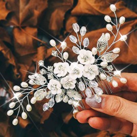 Unicra Flower Bridal Hair Comb Pearl Wedding Headpiece Leaf Hairpiece Silver Rhinestone Hair Accessories for Women and Brides (Silver, Free)