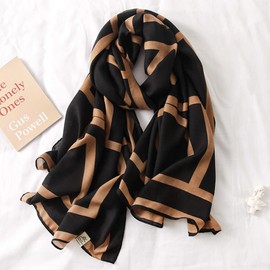 First Choose Cotton Linen Feeling Women Large Long Scarf Shawl Check Style Sunscreen Shawls Wraps Lightweight Pattern (Black-Brown stripe) (Scarf_MS)