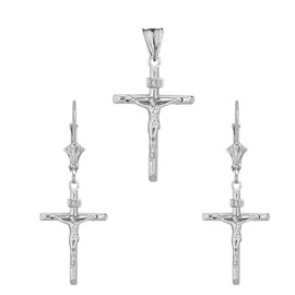 Religious Jewelry Elegant Sterling Silver Crucifix Cross (INRI) Pendant and Earrings Set