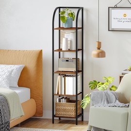 Hzuaneri Bookshelf Narrow Bookcase, Tall Storage Rack with Steel Frame, Display Standing Shelf Unit, Skinny Book Shelf for Study Living Room Home Office, Industrial Style, 5-Tier Rustic Brown BC55001B