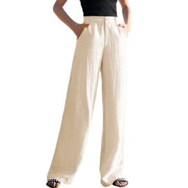Hooever Womens Casual High Waisted Wide Leg Pants Button Up Straight Leg Trousers（Apricot-S）