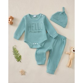 Renotemy Newborn Baby Boy Clothes 0-3 Months Baby Boy Outfit I'm New Here Coming Home Newborn Essentials Outfits Infant Gifts Long Sleeve Clothing Bean Green Romper Pants Set with Hat
