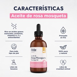 HEBBE - Aceite de rosa mosqueta 100 ml | Previene cicatrices y estrías de la piel | Regenera y reafirma la piel | Reduce y elimina manchas | Estimula la circulación sanguínea | Util para masajes faciales | Contenido: 100 ml