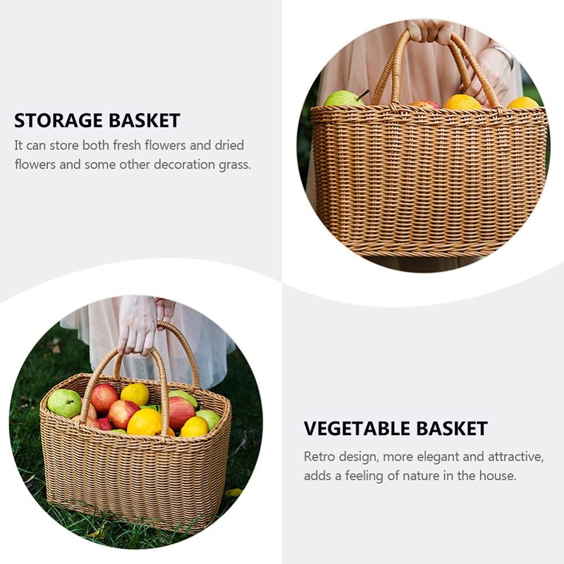 Sewroro Picnic Basket with Handles Handmade Plastic Woven Basket Multifunctional