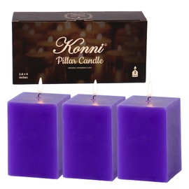 KONNI Square Violet Pillar Candles Set of 3, 2.8"x 4" Unscented Pillar Candles Bulk, 30 Hours Long Burning Candles, Smokeless Dripless Large Candle for Wedding, Home Decoration, Parties, Spas, Dinner