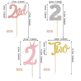 24 piezas de 2 decoraciones para cupcakes con purpurina y 2 púas para cupcakes de segundo cumpleaños, número 2, dos púas para baby shower, niños, segundo cumpleaños, aniversario, fiesta, decoración de pasteles, suministros coloridos