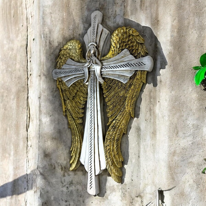 Top Brass Decorative Angel Wing Wall Cross – Gold and