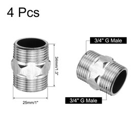 sourcing map 4pcs Hex Nipple Stainless Steel Pipe Fitting G3/4" Male x G3/4" Male Threaded Pipe Adapter Pipe Connector with PTFE Tape for Water, Gas, Fuel Pipeline (Silver Tone, 34mm/1.3")