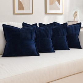 OTOSTAR Soft Corduroy Throw Pillow Covers with Splicing Set of 4 Boho Striped Broadside Decorative Pillow Cases Covers with Invisible Zipper for Sofa Couch Bedroom Living Room 18 x 18 inch, Navy Blue