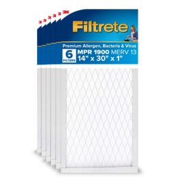 Filtrete 14x30x1 Air Filter, MERV 13, MPR 1900, Premium Allergen, Bacteria & Virus, 3-Month AC and Furnace Filter, Easy on Air Flow, 6 HVAC Filters (Actual Size 13.81 x 29.81 x 0.78 in)