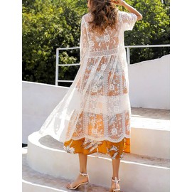 Cárdigan de encaje para mujer, diseño floral de ganchillo transparente para playa, kimono largo abierto, blanco (White4), Talla única