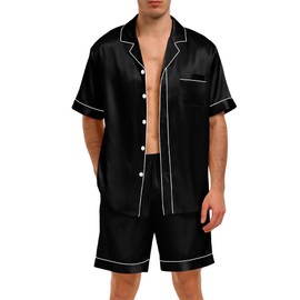 SWOMOG Men Satin Pajama Set 2 Pcs Loungewear Button Down Pjs Set Sleepwear Short-Sleeve Top & Shorts with Pockets Black Small
