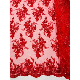 Mia Fabrics Beaded Sequins Floral Fabric - Red - Embroidered Beaded Sequins Fabric Yard