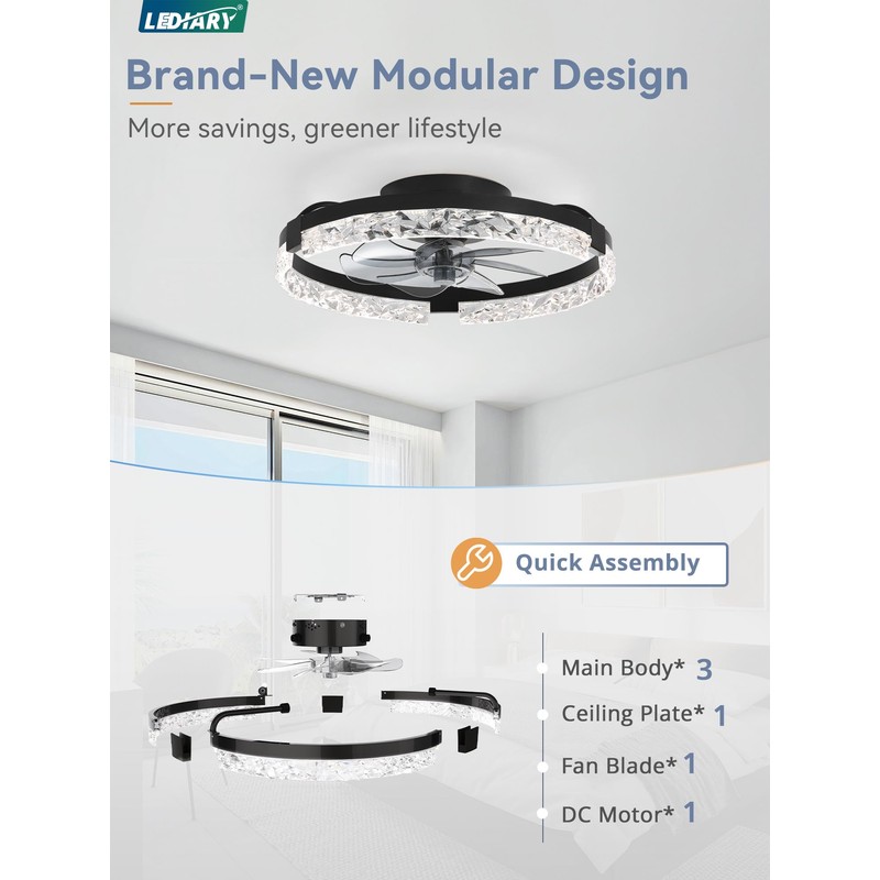 LEDIARY 20 Inch Low Profile Ceiling Fans with Lights and