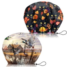 Zewurtuw Zewurtuw 2 PCS Shower Cap Adjustable Reusable Double Waterproof Layer Elastic Hair Bath Cap Cute Aesthetic for Women Girls-Cat Duck