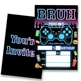 VIYZZX Boy Birthday Party Invitation Bruh Neon Games Birthday Invitations for Boys Teens Teenager Boys Gamer Neon Party Invites with Envelopes Set of 20, Double Sided