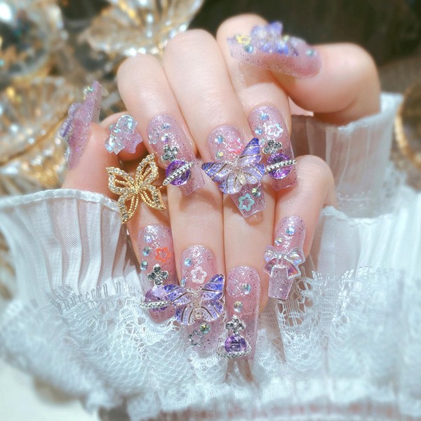 Medium Press on Nails Coffin Fake Nails with 3D Butterfly
