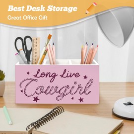 Yjeslw Long Live Cowgirl Pink Pen Holder Organizer for Desk Accessories, Preppy Pink Western Wooden Box Sign Desk Decorations for School Girly Room Bedroom Dorm Decor, Cowgirl Gifts for Women