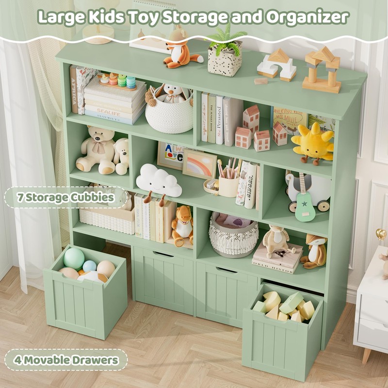 FINETONES Toy Storage Organizer, Kids Bookshelf with 4 Movable Chests