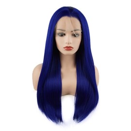 Meiyite Hair Straight Long 24inch Navy Blue Half Hand Tied Heavy Density Synthetic Lace Front Wigs