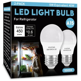 LOXYEE LED Refrigerator Light Bulb 2 Pack，Daylight White 5000K 120V 40W Equivalent Appliance Bulb，A15 5W E26 Base Waterproof Fridge Light Bulbs for Freezer Home Lighting,Small Light Bulb,Dimmable