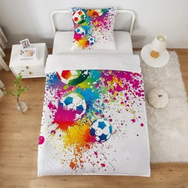 MUSOLEI Football Bed Linen 135 x 200 cm Boys Microfibre Polyester 3D Print Children's Bed Linen for Boys Duvet Cover and 1 Pillowcase 80 x 80 cm for Children Colourful