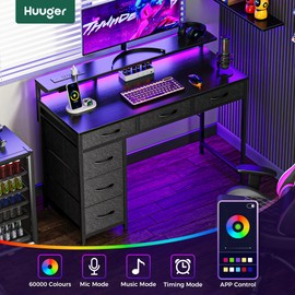 Huuger Gaming Desk with 6 Drawers, Computer Desk with LED Lights Power Outlets and Type-C, 39 Inch Office Desk with Storage, Monitor Stand, Writing Desk Work Desk Home Office, Bedroom, Study, Black