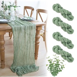 Jeinbuil Table Runner Eucalyptus Green Set of 4 with 9 Eucalyptus Branches Decorative Cheesecloth Muslin Sage Green Table Runner Boho 90 x 300 cm Long Wedding Birthday Table Decoration